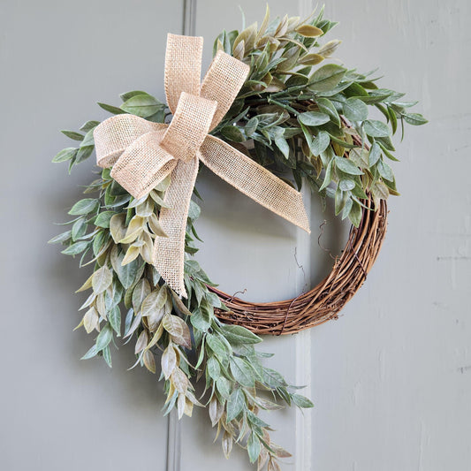 Mini Cascading Ruscus Wreath with Burlap Bow